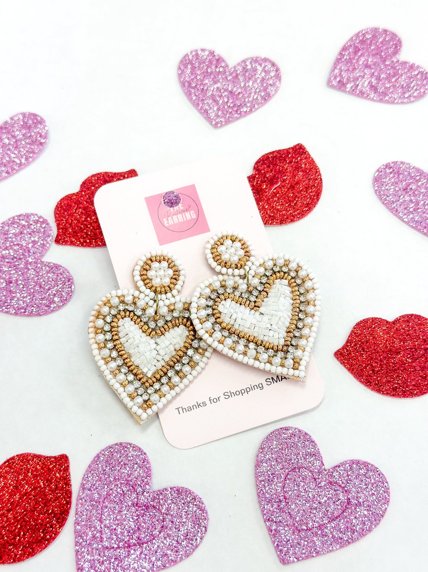 White Diamond Beaded Heart Earring