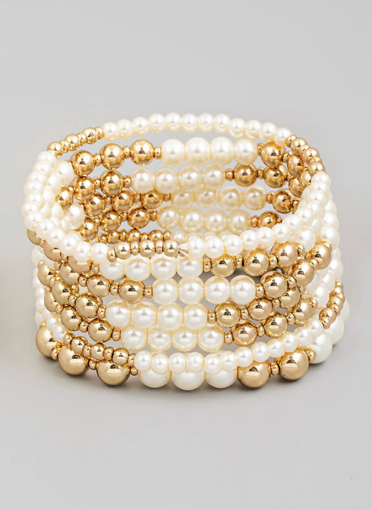 Pearl and Metallic Beaded Bracelet Stack