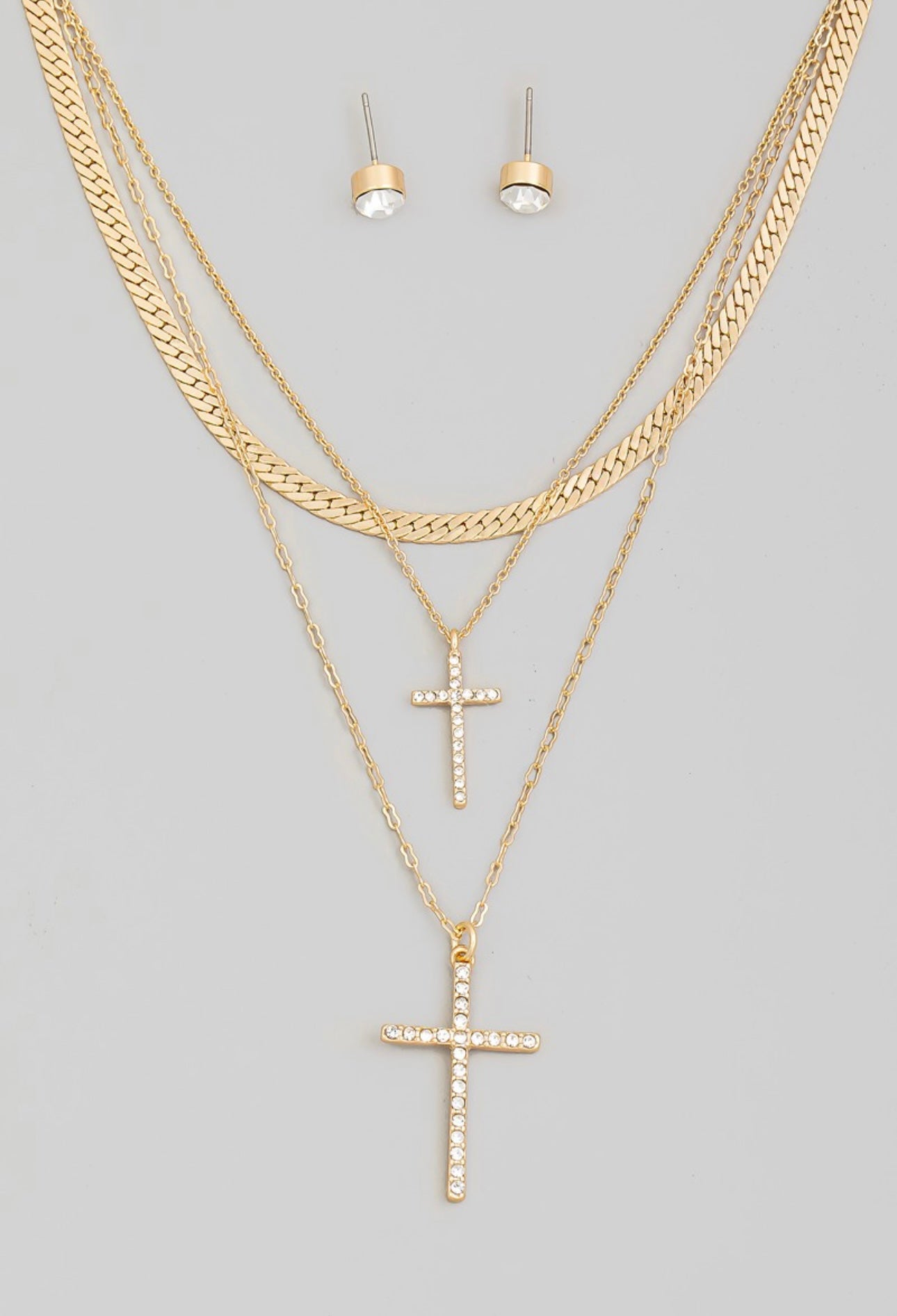 Double Cross Layered Necklace and Earring Set