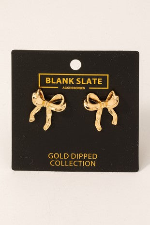 Gold Dipped Ribbon Bow Stud Earrings