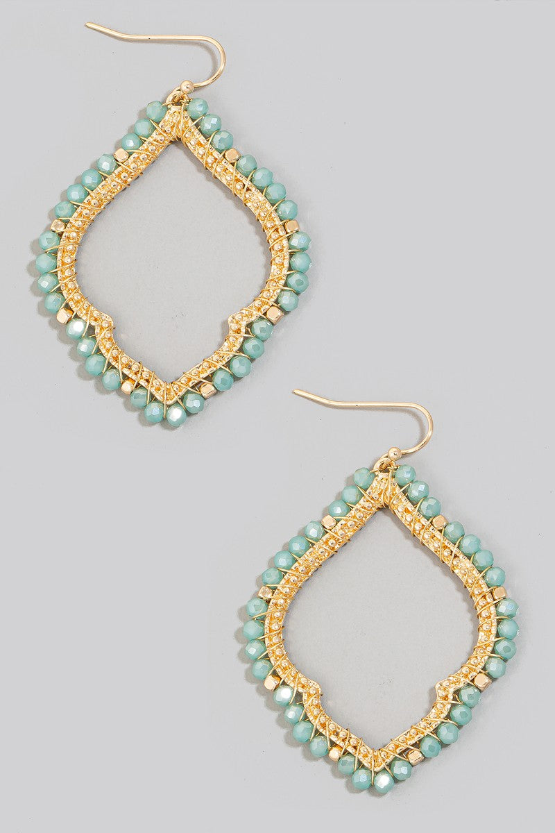 Teal Beaded Edge Clover Dangle Earrings