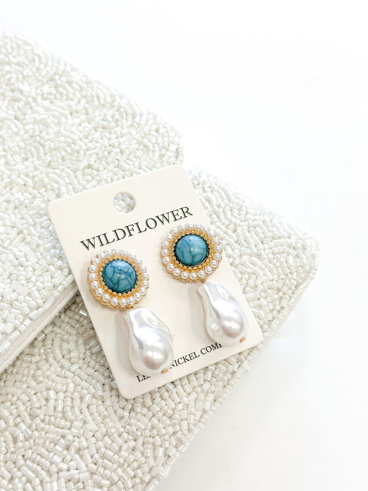 Gold and Teal Stone Accent Pearl Link Earring