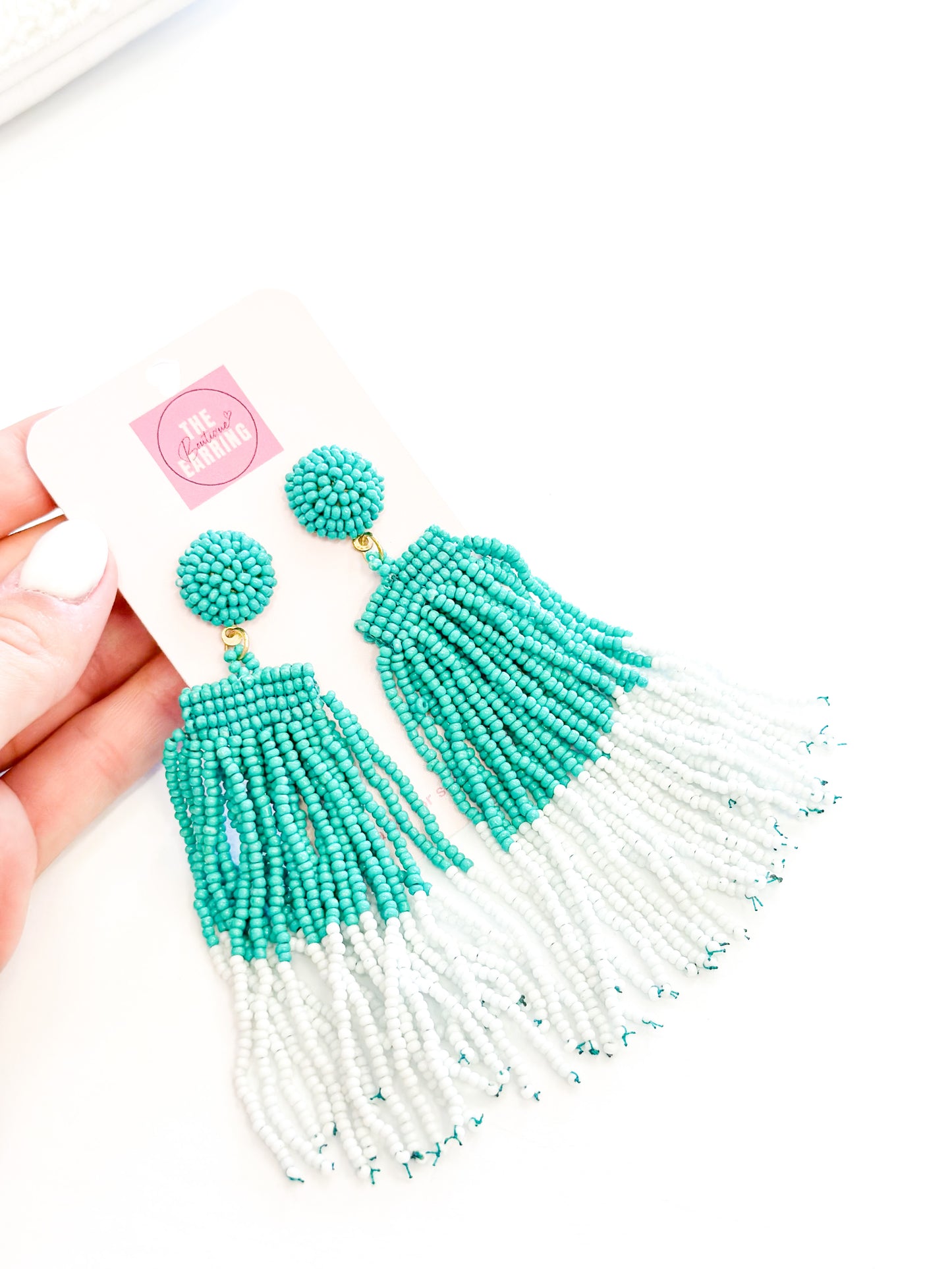 Turquoise Seed Beaded Fringe Dangle Earring