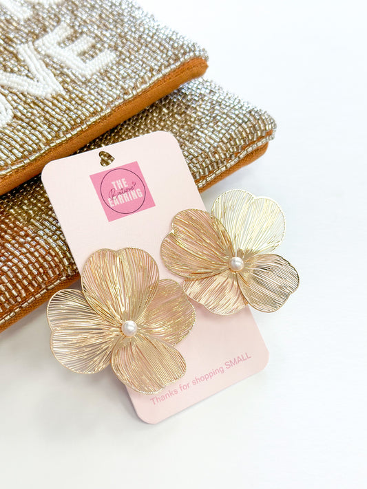 Gold Metallic Flower Stud Earrings