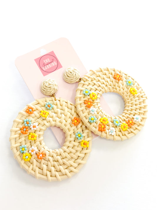 Tan Flower Detail Wrapped Circle Earrings