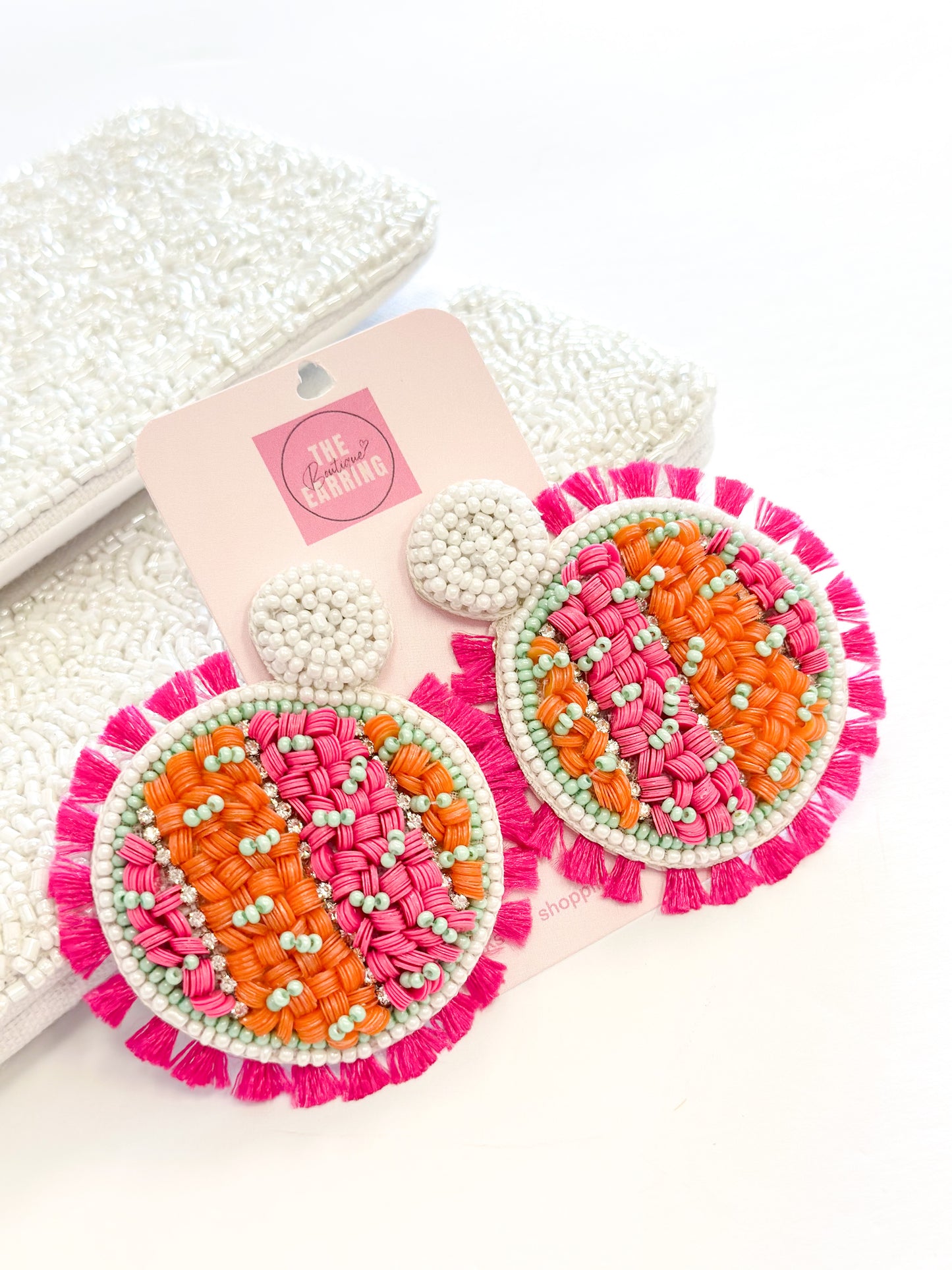 Pink Multi Faux Leather Fringe Beaded Disc Earring