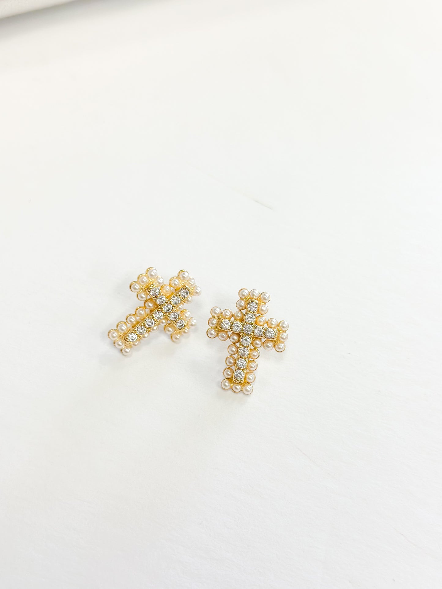 Gold Dipped Pearl Cross Studs