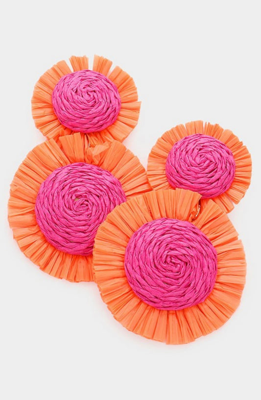 Orange/Pink Raffia Double Round Earrings