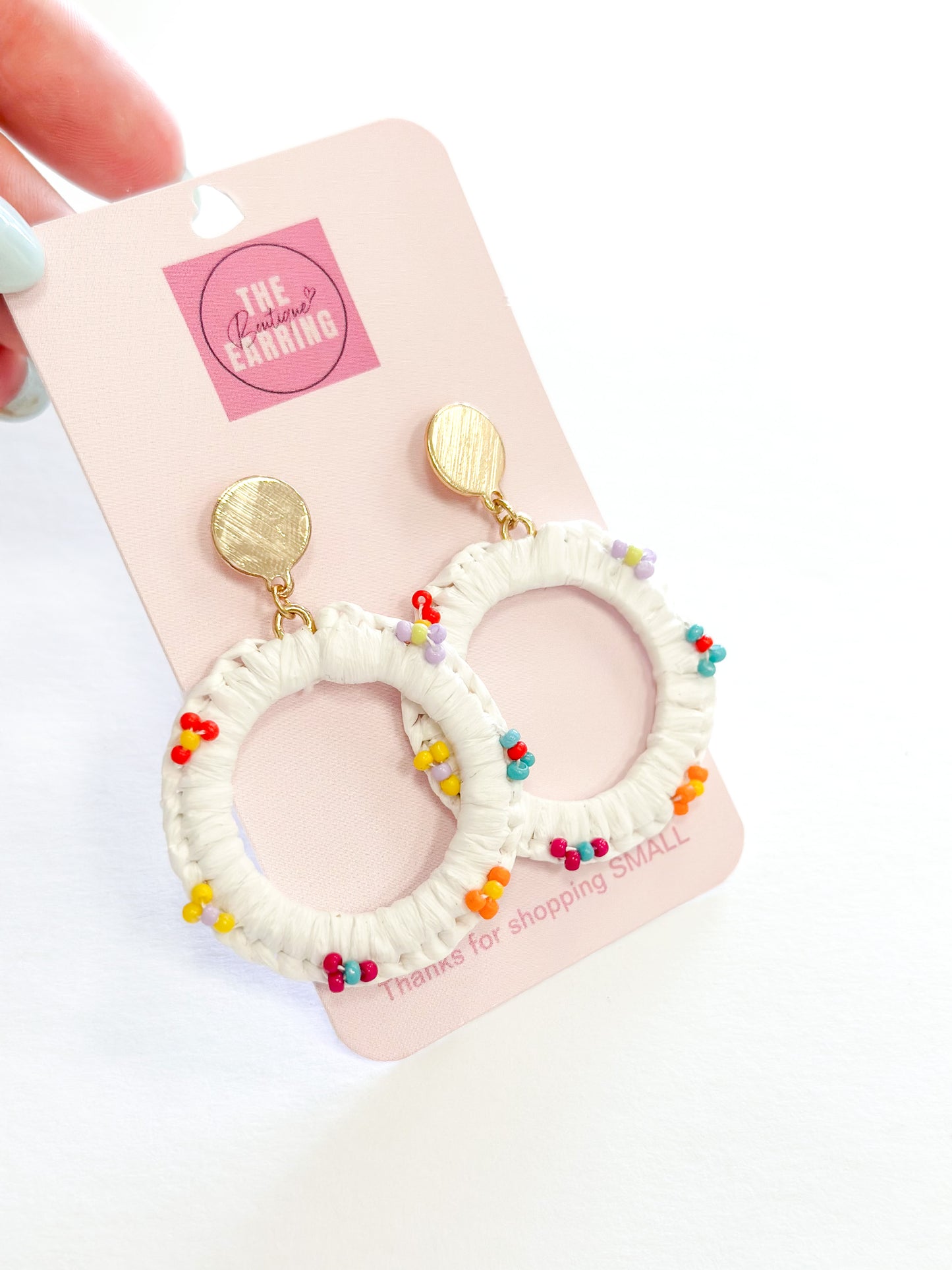 White Raffia Circle with Colorful Flower Earrings