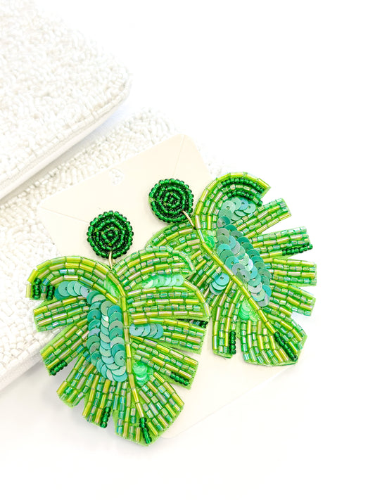 Green Beaded Tropical Leaf