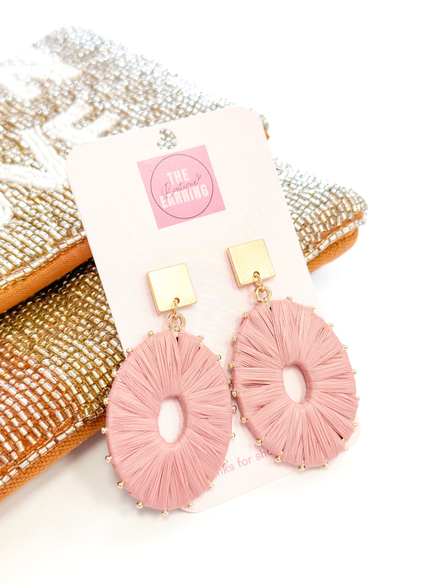 Pink Raffia Wrapped Oval Shaped Post Earrings