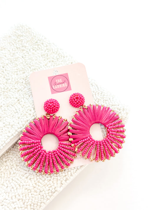 Pink Raffia Wrapped Beaded Earring