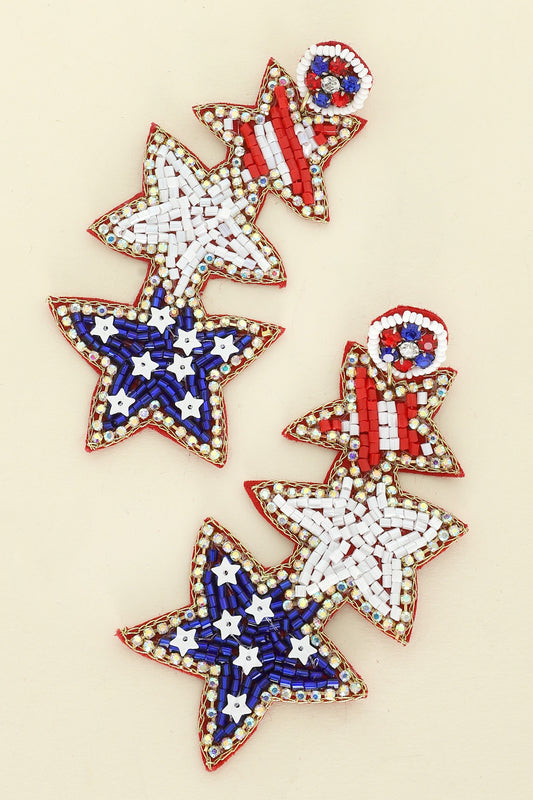 Triple patriotic star beaded earrings