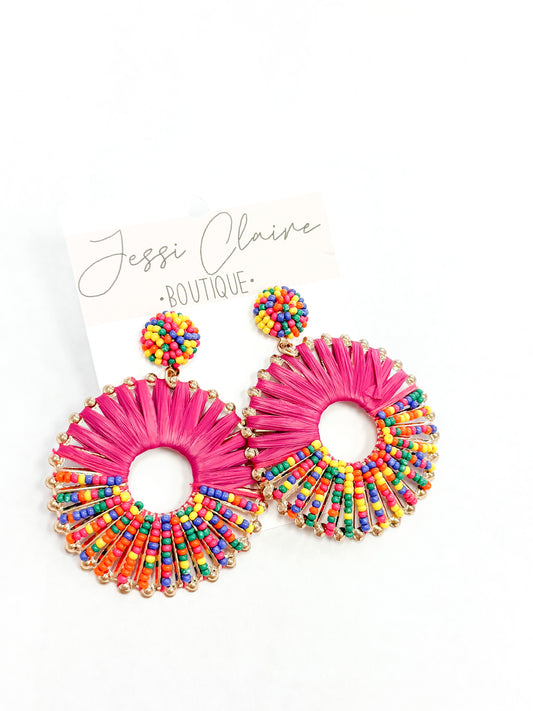 Multi Raffia Wrapped Beaded Earring