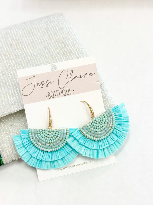 Blue Raffia Fringe Earrings