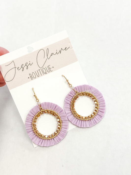 Purple Raffia Trimmed Open Circle Earrings