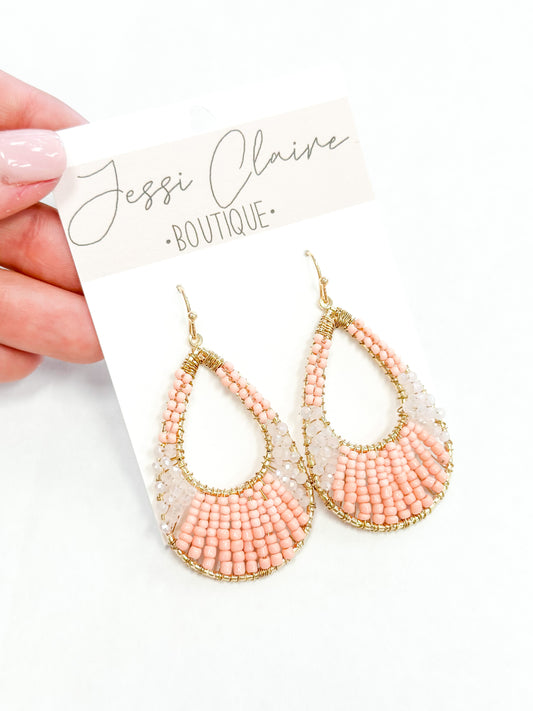 Gold/Pink Bead Wrapped Teardrop Earrings