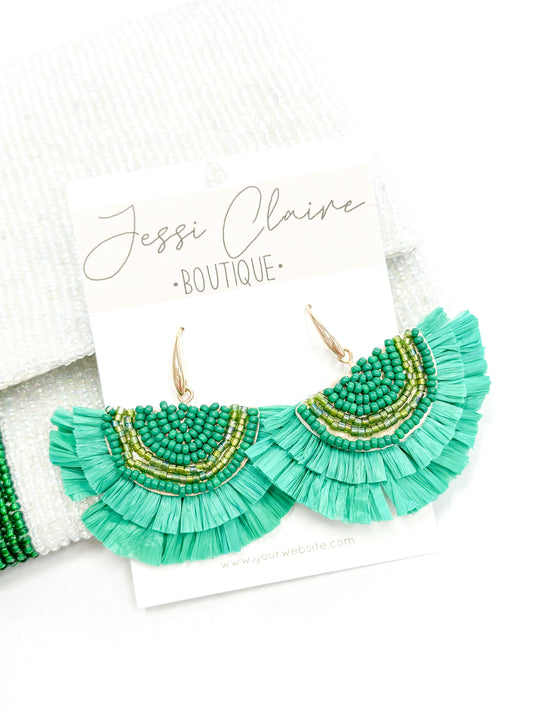 Green Raffia Fringe Earrings