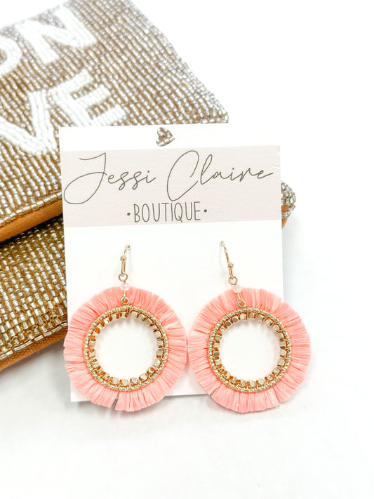 Pink Raffia Trimmed Open Circle Earrings