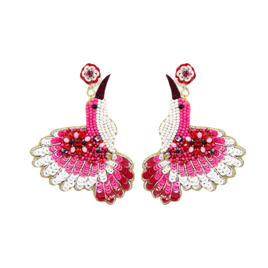 Pink Beaded Bird Earrings